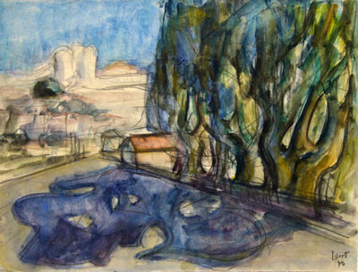 Jean-Claude Libert - Le Fort Saint Andr vu de Villeneuve les Avignons (Huile sur Papier, 1948 - Format 33 x 25 cm) (c) ADAGP