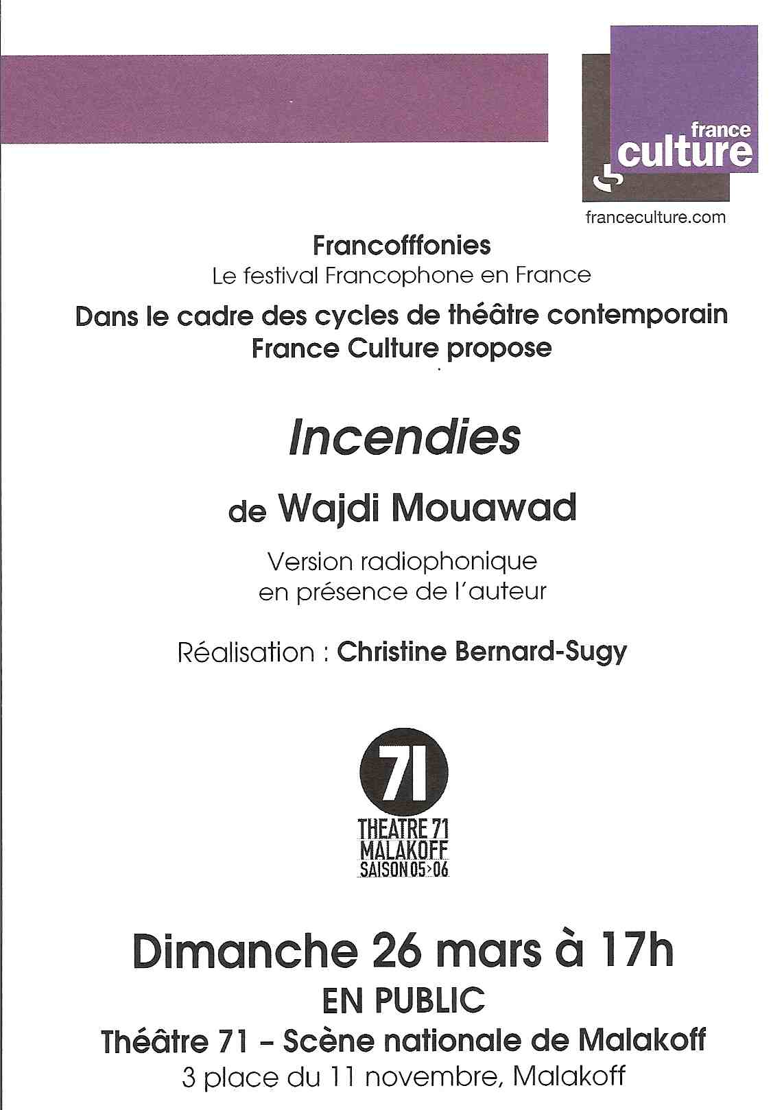 Incendies sur France Culture